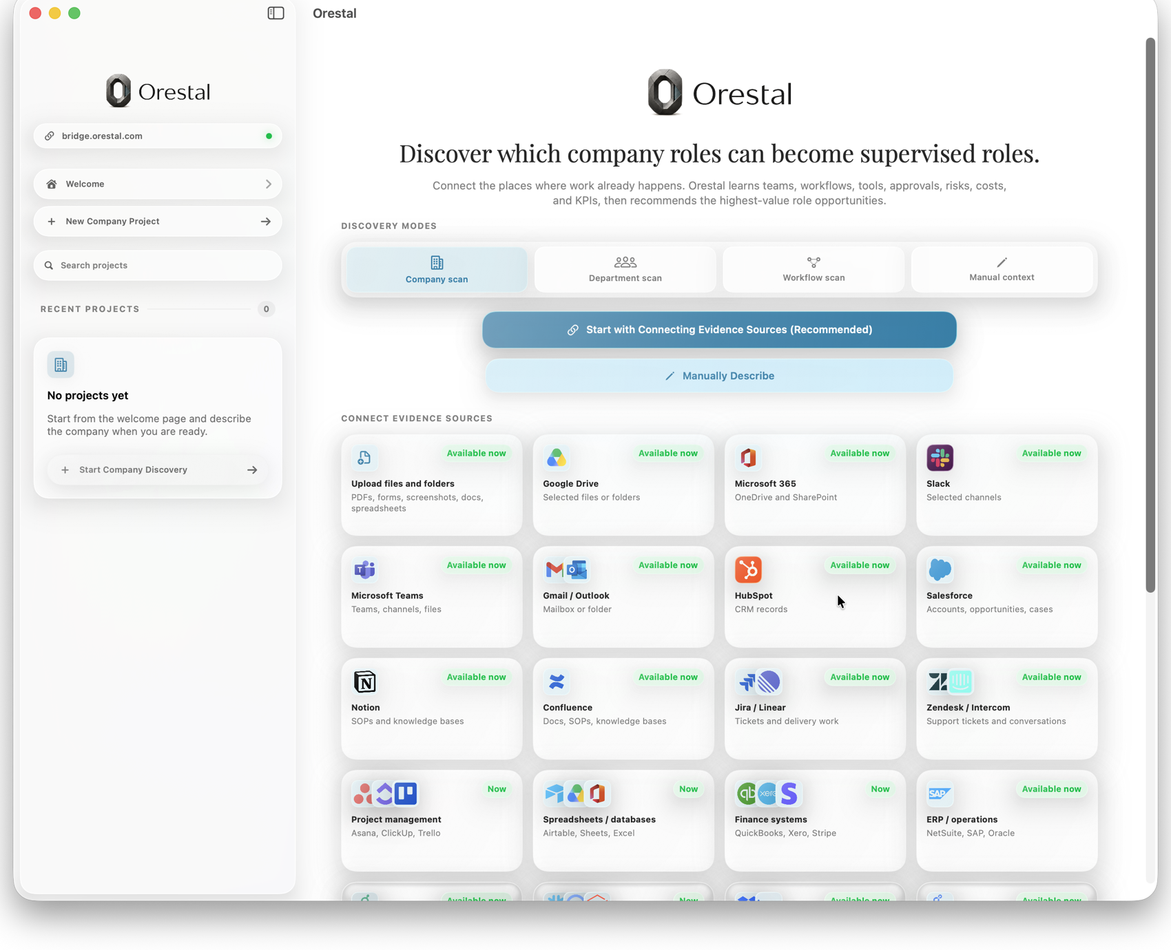 Orestal workspace showing discovery modes and evidence source connector options
