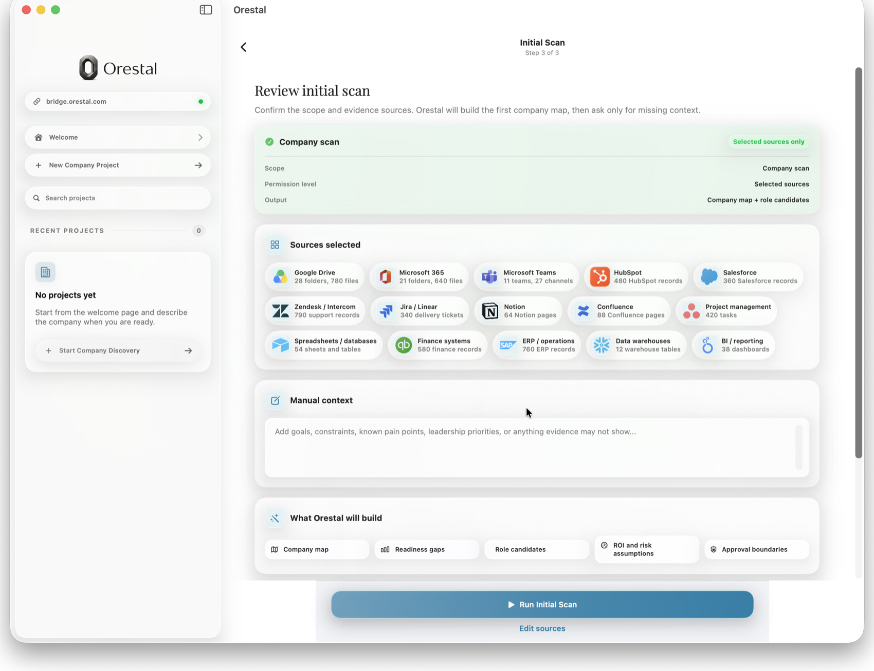 Orestal workspace showing selected sources, manual context, and initial scan review